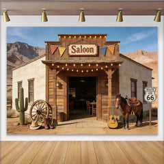 Lofaris Rustikaler Western Saloon Fotohintergrund mit Route 66, authentische Kulisse für professionelle Fotoshootings