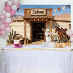 Lofaris Rustikaler Western Saloon Fotohintergrund mit Pferd und Kaktus, Vintage Kulisse für Cowboy Party und Fotoshooting