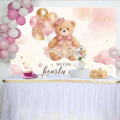 Lofaris Niedlicher Rosa Teddybär Babyparty Hintergrund mit Ballons für Mädchen, wunderschöne Kulisse für Willkommensfeier und Fotoshooting
