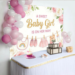 Lofaris Rosa Blumen Mädchen Babyparty Hintergrund mit Babykleidung, elegante Fotowand für Fotoshooting und Partydekoration