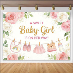 Lofaris Rosa Blumen Mädchen Babyparty Hintergrund mit Babykleidung, elegante Fotowand für Fotoshooting und Partydekoration