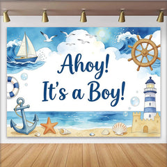 Lofaris Maritimer Jungen Babyparty Hintergrund mit Segelboot und Leuchtturm, Ahoy es ist ein Junge Fotowand für nautische Dekoration