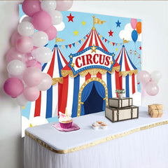 Lofaris Glitzernder Zirkus-Geburtstagshintergrund rot-weiß-blau für Kinderparty, festliche Fotokulisse mit Riesenrad für Fotoshootings
