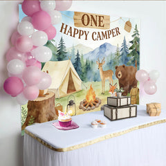 Lofaris Erster Geburtstag Campinghintergrund mit Waldtieren und Zelt, Aquarell Fotowand für Kinderparty und Fotoshooting