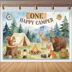 Lofaris Erster Geburtstag Campinghintergrund mit Waldtieren und Zelt, Aquarell Fotowand für Kinderparty und Fotoshooting