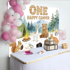 Lofaris Erster Geburtstag Camping Hintergrund mit Waldtieren und Zelt, Abenteuer Kulisse für Fotoshooting und Partydekoration
