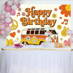 Lofaris Bunter Retro-Geburtstagshintergrund mit Hippie-Bus und Peace-Zeichen, fröhliche Partykulisse für Fotoshootings