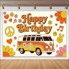 Lofaris Bunter Retro-Geburtstagshintergrund mit Hippie-Bus und Peace-Zeichen, fröhliche Partykulisse für Fotoshootings