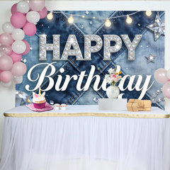 Lofaris Funkelnder Glitzer-Jeans-Geburtstagshintergrund mit Sternen und Lichterketten, stilvolle Kulisse für Party und Fotoshooting