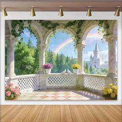 Lofaris Märchenschloss-Balkon Fotohintergrund mit Regenbogen und Tauben, romantische Kulisse für Hochzeits- und Porträtfotografie