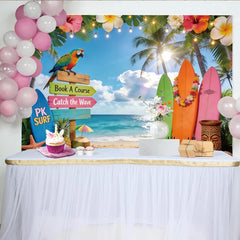 Lofaris Bunter Tropischer Strand Fotohintergrund mit Surfbrettern und Palmen, ideale Kulisse für Sommerpartys und Fotostudio