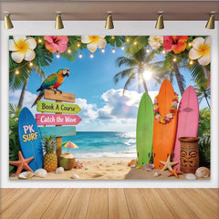 Lofaris Bunter Tropischer Strand Fotohintergrund mit Surfbrettern und Palmen, ideale Kulisse für Sommerpartys und Fotostudio