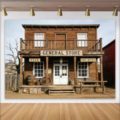 Lofaris Rustikaler Western Fotohintergrund mit Holzfassade und General Store, Vintage Kulisse für professionelle Fotoshootings