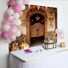 Lofaris Western-Saloon-Fotohintergrund für Wildwest-Party, rustikale Kulisse mit Wanted-Poster und Stiefeln für Fotoshootings