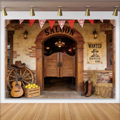 Lofaris Western-Saloon-Fotohintergrund für Wildwest-Party, rustikale Kulisse mit Wanted-Poster und Stiefeln für Fotoshootings