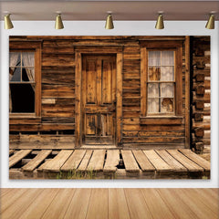 Lofaris Rustikaler Holzhaus Hintergrund mit alter Holztür und zerbrochenen Fenstern, verwitterte Fotokulisse im Vintage-Stil für Fotoshootings