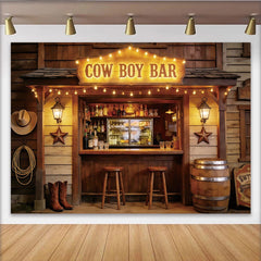 Lofaris Rustikaler Western-Bar-Hintergrund mit Lichterketten und Holzoptik, authentische Saloon-Kulisse für Fotoshootings und Partys