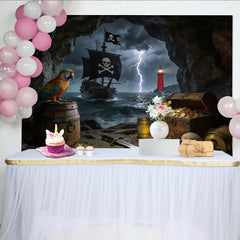 Lofaris Piraten-Fotohintergrund mit Schiff Schatz und Papagei, stürmische Kulisse für Abenteuer-Partys und Fotoshootings