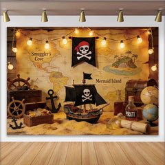 Lofaris Vintage Piraten-Abenteuer Hintergrund mit Schatzkarte und Schiff, perfekte Fotokulisse für Kindergeburtstag und Fotoshootings