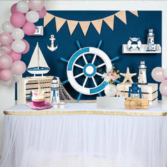 Lofaris Blau Weiß Maritim-Fotohintergrund mit Steuerrad und Anker, perfekte Kulisse für nautische Dekoration und Fotoshootings