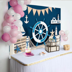 Lofaris Blau Weiß Maritim-Fotohintergrund mit Steuerrad und Anker, perfekte Kulisse für nautische Dekoration und Fotoshootings