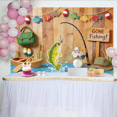 Lofaris Lustiger Angelfotohintergrund mit Holzwand und Boot für Jungen, bunte Fische und Angelrute als Fotokulisse für Fotoshooting