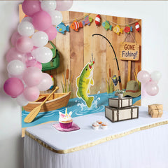 Lofaris Lustiger Angelfotohintergrund mit Holzwand und Boot für Jungen, bunte Fische und Angelrute als Fotokulisse für Fotoshooting