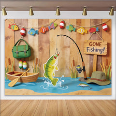 Lofaris Lustiger Angelfotohintergrund mit Holzwand und Boot für Jungen, bunte Fische und Angelrute als Fotokulisse für Fotoshooting