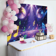 Lofaris Leuchtender Disco Musik Fotohintergrund mit bunten Noten und Sternen, schillernde Party Kulisse für Events und Fotoshootings