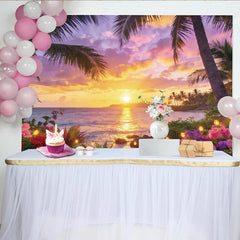 Lofaris Tropischer Strandsonnenuntergang Hintergrund mit Palmen und Blumen, farbenfrohe Kulisse für Sommerparty und Fotoshooting