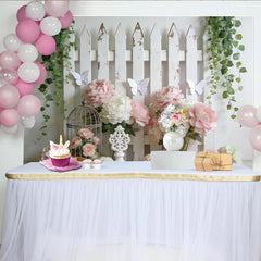Lofaris Weißer Gartenzaun Blumen Fotohintergrund mit rosa Pfingstrosen, elegante Kulisse für Frühlingsfotoshootings und Dekoration