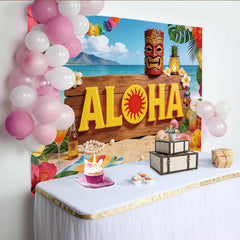 Lofaris ALOHA Hawaii-Hintergrund mit Tiki-Maske und tropischen Blumen, sommerliche Strandkulisse für Luau Party Fotografie