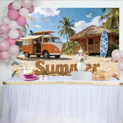 Lofaris Orange Vintage VW Bus Sommerstrand Fotohintergrund mit Palmen und Meer, ideale Kulisse für Urlaubsbilder und Fotoshootings