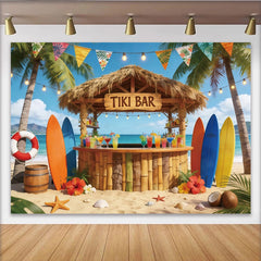 Lofaris Tiki-Bar-Strandhintergrund mit Palmen und Surfbrettern, farbenfrohe Kulisse für Sommerparty und professionelle Fotografie