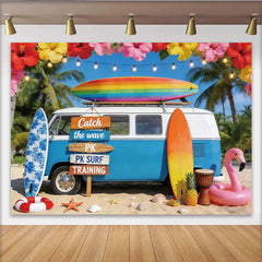 Lofaris Blauer VW Bus Sommerstrand Fotohintergrund mit Regenbogen Surfbrett, perfekte Kulisse für Urlaubsfotos und sommerliche Strandpartys
