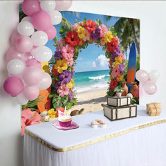 Lofaris Bunter tropischer Strand Fotohintergrund mit Palmen und Hibiskusblüten, lebendige Kulisse für Sommerpartys und Fotoshootings