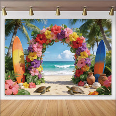 Lofaris Bunter tropischer Strand Fotohintergrund mit Palmen und Hibiskusblüten, lebendige Kulisse für Sommerpartys und Fotoshootings