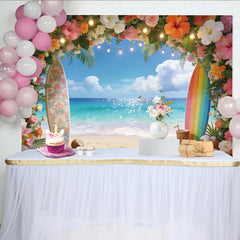 Lofaris Lebhafter tropischer Strand Fotohintergrund mit Surfbrettern und Blumen, ideale Kulisse für Sommerpartys und Urlaubsfotos