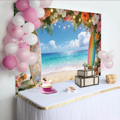 Lofaris Lebhafter tropischer Strand Fotohintergrund mit Surfbrettern und Blumen, ideale Kulisse für Sommerpartys und Urlaubsfotos