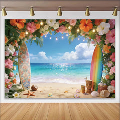 Lofaris Lebhafter tropischer Strand Fotohintergrund mit Surfbrettern und Blumen, ideale Kulisse für Sommerpartys und Urlaubsfotos