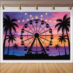 Lofaris Leuchtender Sommerabend-Fotohintergrund mit Riesenrad und Palmen, farbenfrohe Strandparty Kulisse für Sommerfest Dekoration