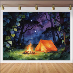 Lofaris Magischer Sternenhimmel-Camping-Hintergrund mit Zelt und Lagerfeuer, traumhafte Fotokulisse für Natur- und Abenteuer-Fotoshootings