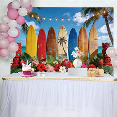 Lofaris Tropischer Strand Fotohintergrund mit Surfbrettern und Palmen, sommerliche Kulisse für Porträts und professionelle Fotoshootings