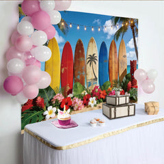 Lofaris Tropischer Strand Fotohintergrund mit Surfbrettern und Palmen, sommerliche Kulisse für Porträts und professionelle Fotoshootings
