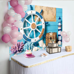 Lofaris Blauer Maritim Fotohintergrund mit Steuerrad und Leuchtturm, perfekte Kulisse für Fotoshooting und Partydekoration