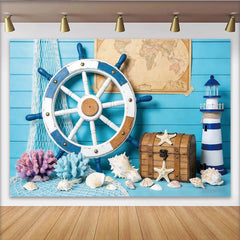 Lofaris Blauer Maritim Fotohintergrund mit Steuerrad und Leuchtturm, perfekte Kulisse für Fotoshooting und Partydekoration