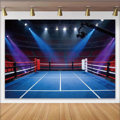 Lofaris Blauer Boxring-Hintergrund mit roten Sitzen und hellen Scheinwerfern, dynamische Sportkulisse für professionelle Fotografie