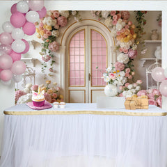 Lofaris Romantischer rosa Blumentür-Fotohintergrund mit Rosen und Hortensien, elegante Kulisse für Hochzeiten und professionelle Fotoshootings