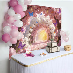 Lofaris Rosa weiße Kirschblüten Schmetterlings-Hintergrund glitzernd, verträumte Kulisse für Frühlings-Fotoshootings und Dekoration