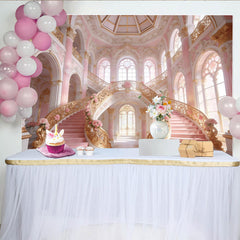 Lofaris Rosa Gold Prinzessinnenpalast-Hintergrund mit großer Treppe und Rosen, luxuriöse Kulisse für elegante Fotoshootings und Events